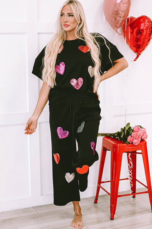 Black Sequin Heart Popping Graphic Textured 2pcs Outfit OniTakai