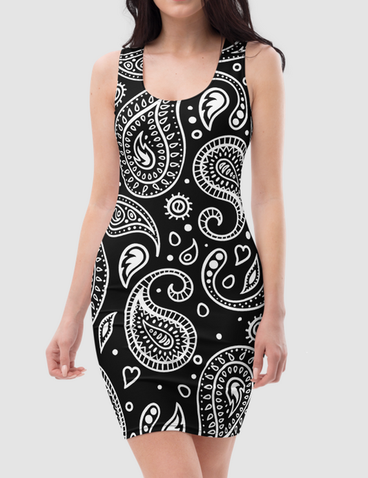 Classic Black And White Paisley Design | Women's Sleeveless Fitted Sublimated Dress OniTakai