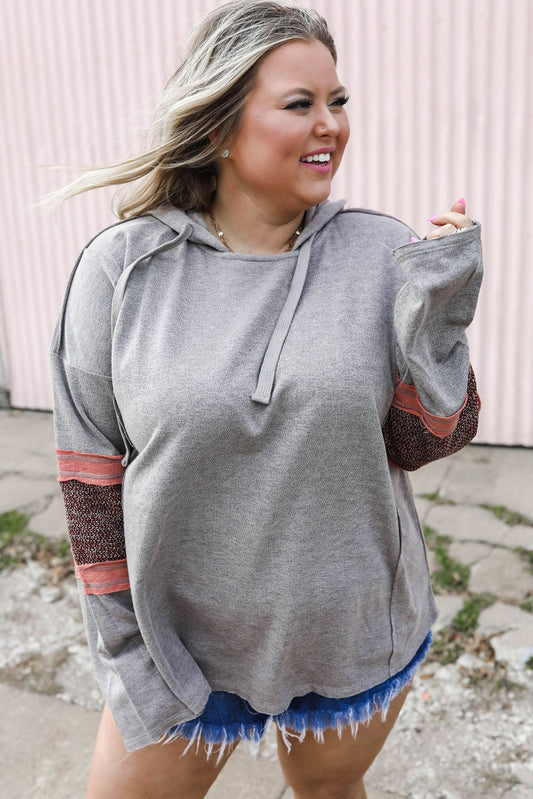 Gray Contrast Patched Sleeve Plus Size Hoodie OniTakai
