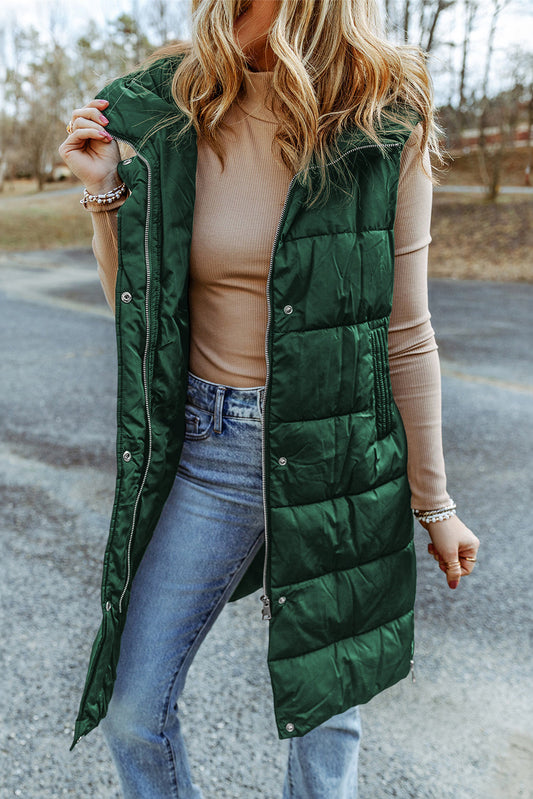 Green Hooded Long Quilted Vest Coat OniTakai
