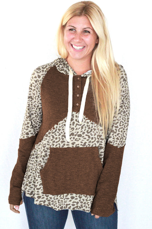 Leopard Print Ribbed Patchwork Buttoned Hoodie OniTakai