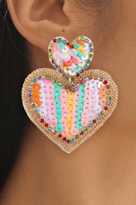 Pink Colorful Sequined Hearts Valentines Fashion Earrings OniTakai