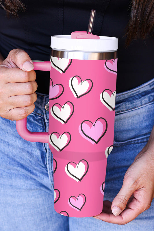 Rose Red Valentines Heart Printed Thermos Cup with Handle OniTakai