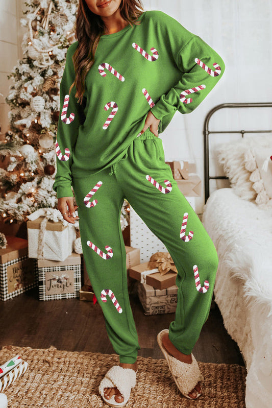Spinach Green Sequined Christmas Cane Pattern Lounge Sweatsuit OniTakai