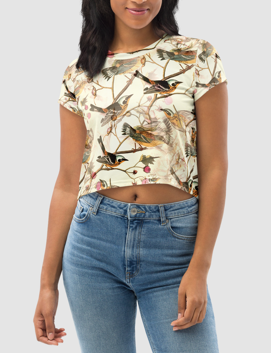 Vintage Floral Perched Birds Pattern Women's Sublimated Crop Top T-Shirt OniTakai