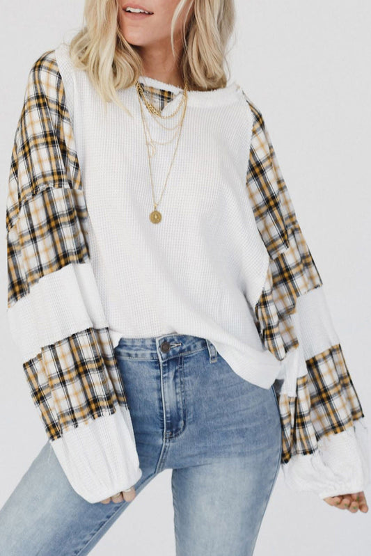 White Plaid Patch Waffle Knit Exposed Seam Bubble Sleeve Top OniTakai