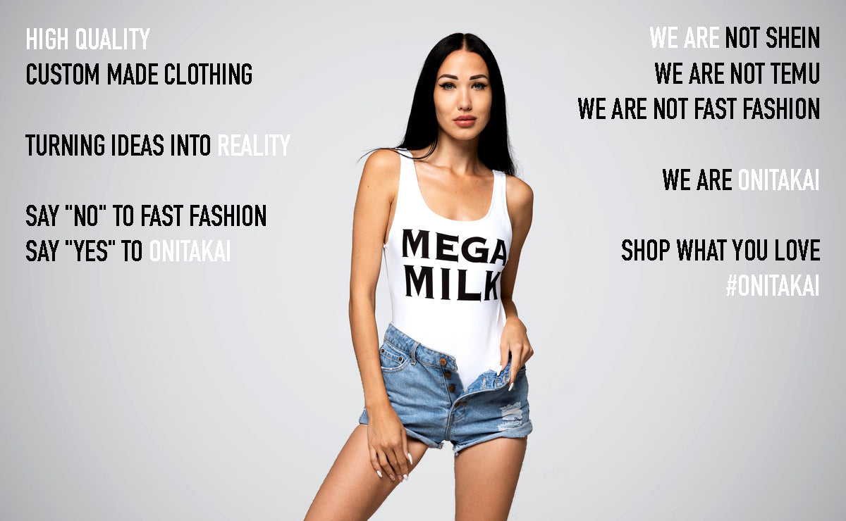 OniTakai Main Page Promotional Banner Image Of A Female Brunette Model Wearing Our Mega Milk Women's White One-Piece Swimsuit