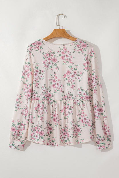 Pink Floral Print Pleated U Neck Loose Fit Blouse