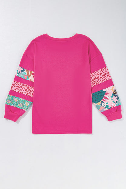 Rose Red Plus Size Printed Patchwork Sleeve Split Sweatshirt