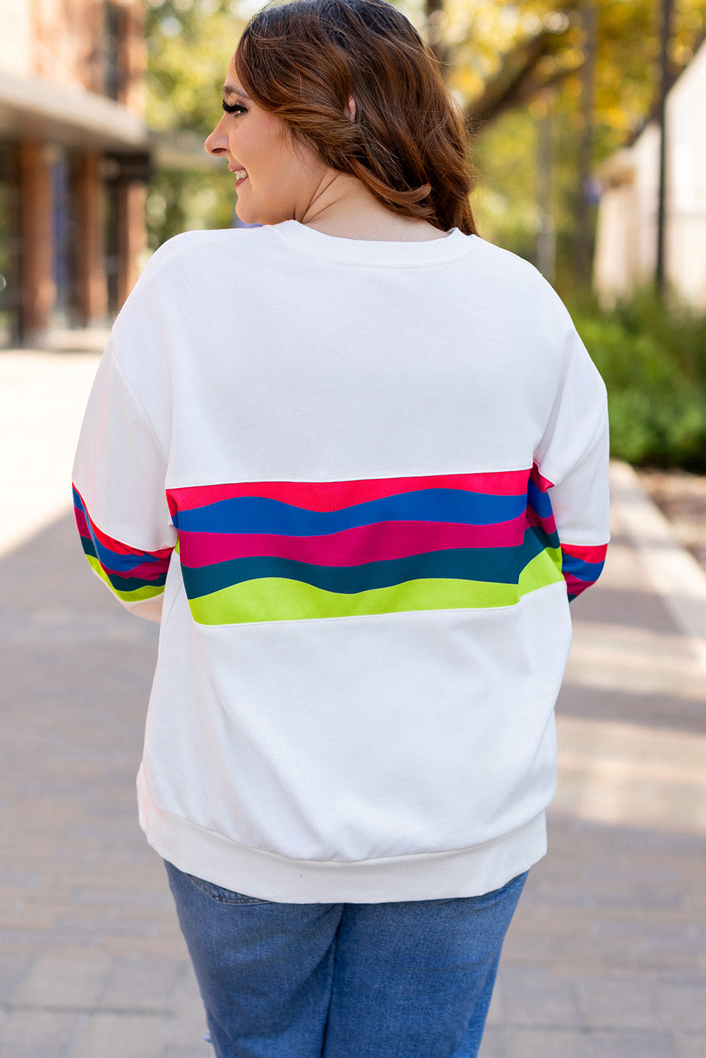 White Plus Size Colorful Striped Drop Shoulder Loose Sweatshirt