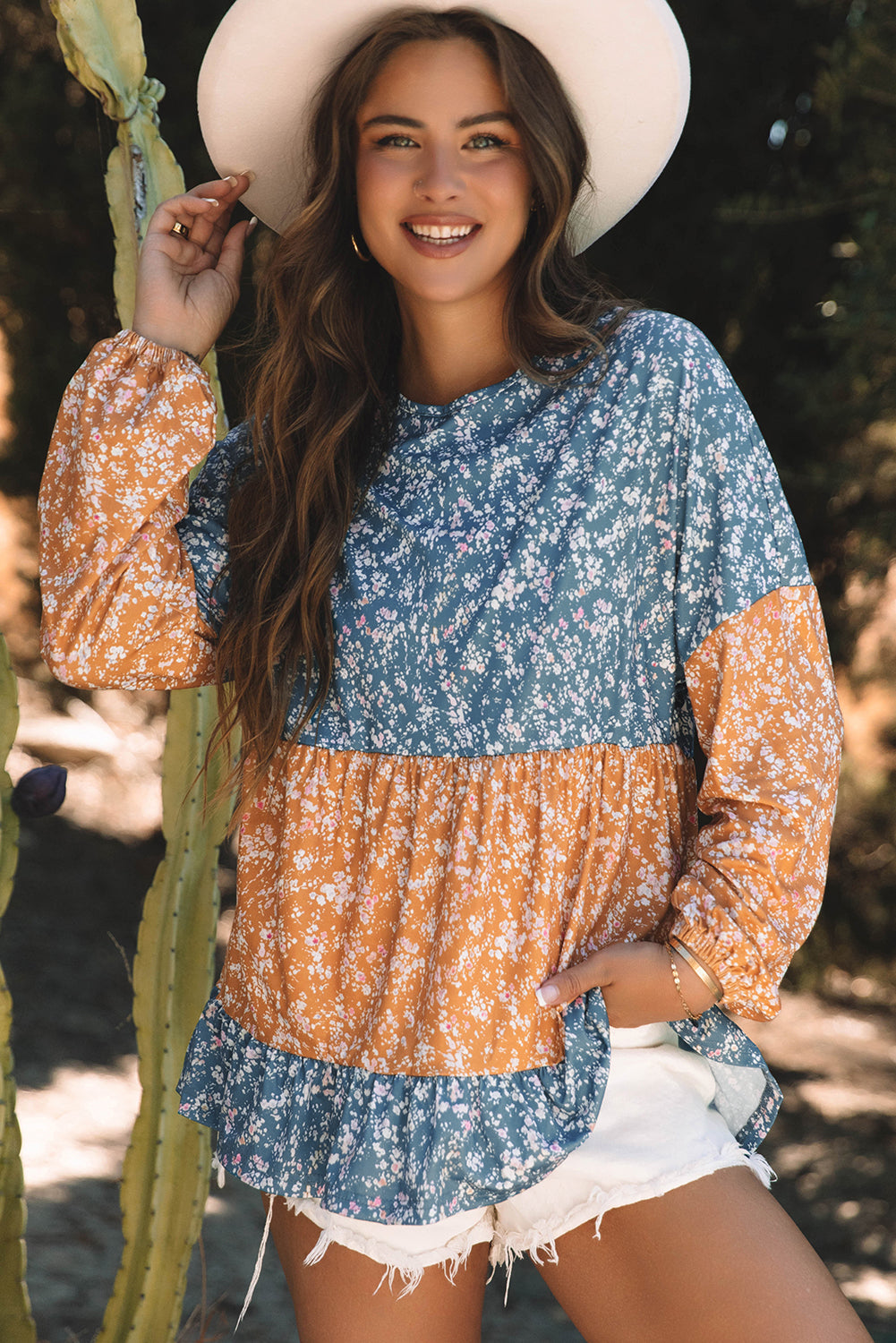 Orange Floral Color Block Ruffled Hem Round Neck Blouse