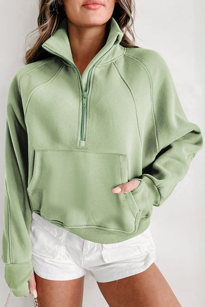 Smoke Green Fleece Lined Zip Up Stand Collar Thumbhole Sleeve Sweatshirt