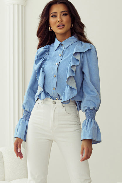 Myosotis Ruffled Shirred Cuffs Button up Chambray Shirt