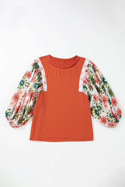 Desert Gold Floral Puff Sleeve Patchwork Round Neck Blouse