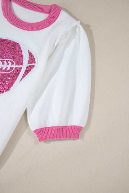 Pink Sequin Rugby Color Block Puff Short Sleeve Sweater