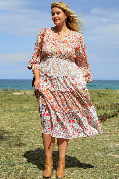 Khaki Plus Size Floral Tiered Ruffle Maxi Dress