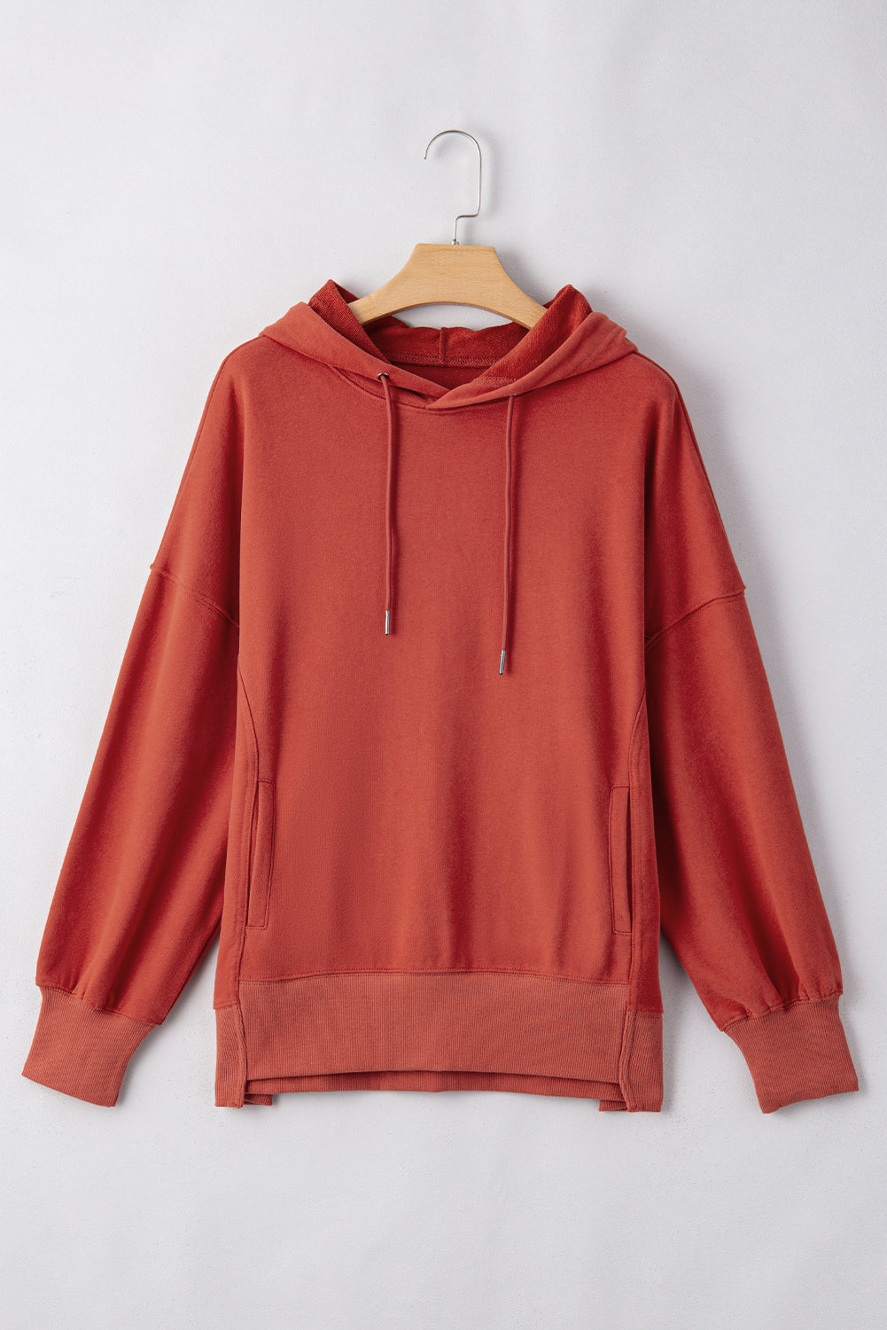 Red Clay Drop Shoulder Pocketed Baggy Drawstring Hoodie