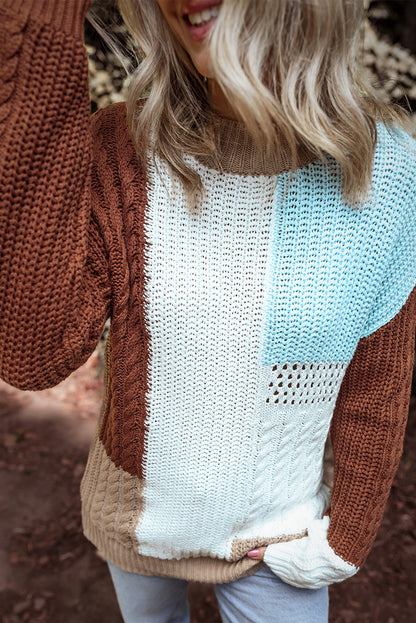 Khaki Mix Textured Knit Colorblock Patchwork Sweater