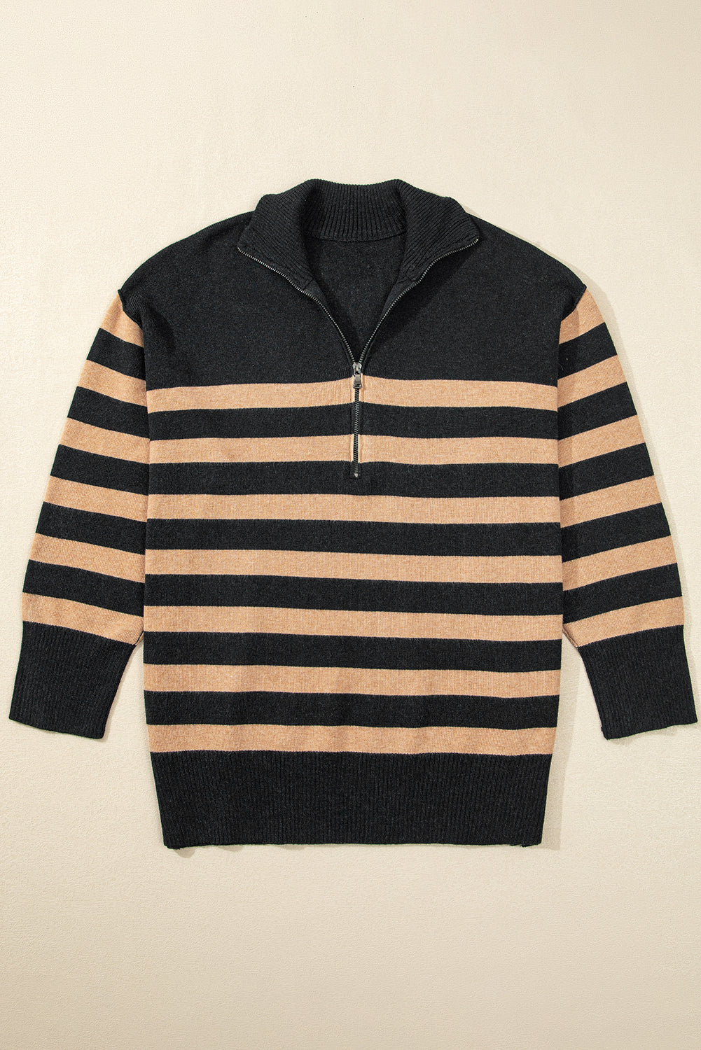 Black Stripe Collared Quarter Zipper Oversized Sweater