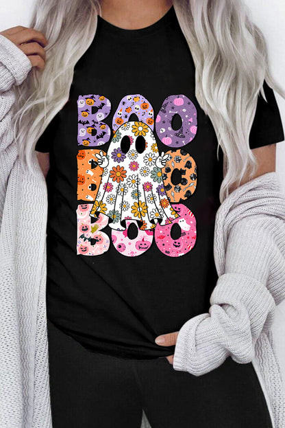 Black BOO Floral Ghost Print Crew Neck Halloween T-Shirt