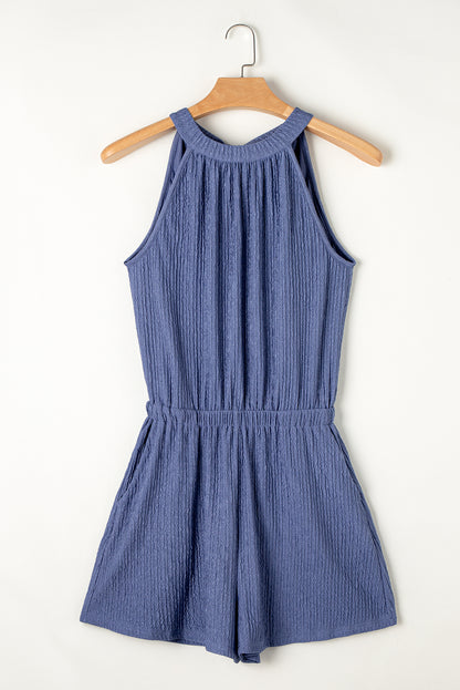 Bluing Knot Back High Neck Crinkle Textured Romper