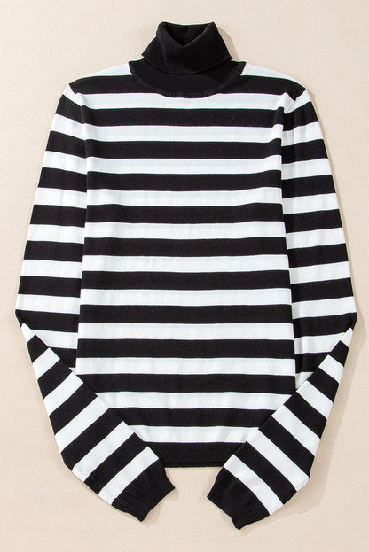 Black Stripe Slim Fit High Neck Knit Sweater