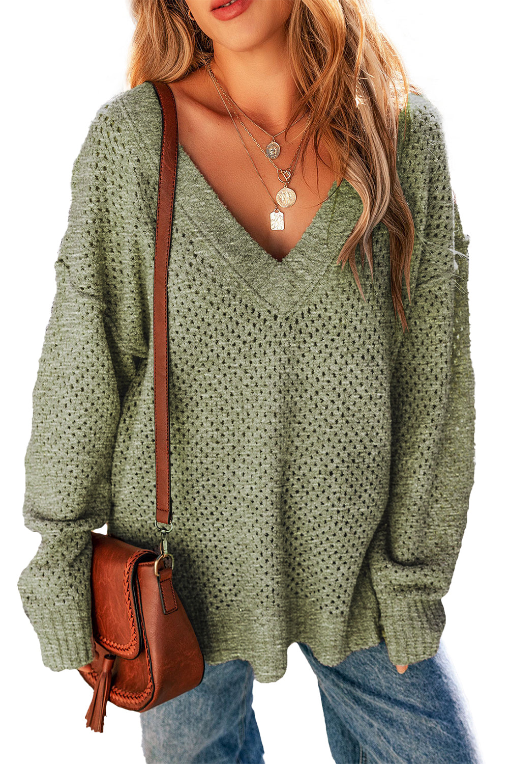 Jungle Green Loose Eyelet V Neck Drop Shoulder Sweater