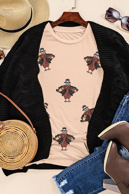 Khaki Sequined Turkey Patched Pattern Crewneck Thanksgiving T-Shirt