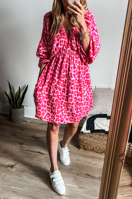 Pink Leopard Print Elasticated V Neck 3/4 Puff Sleeve Dress