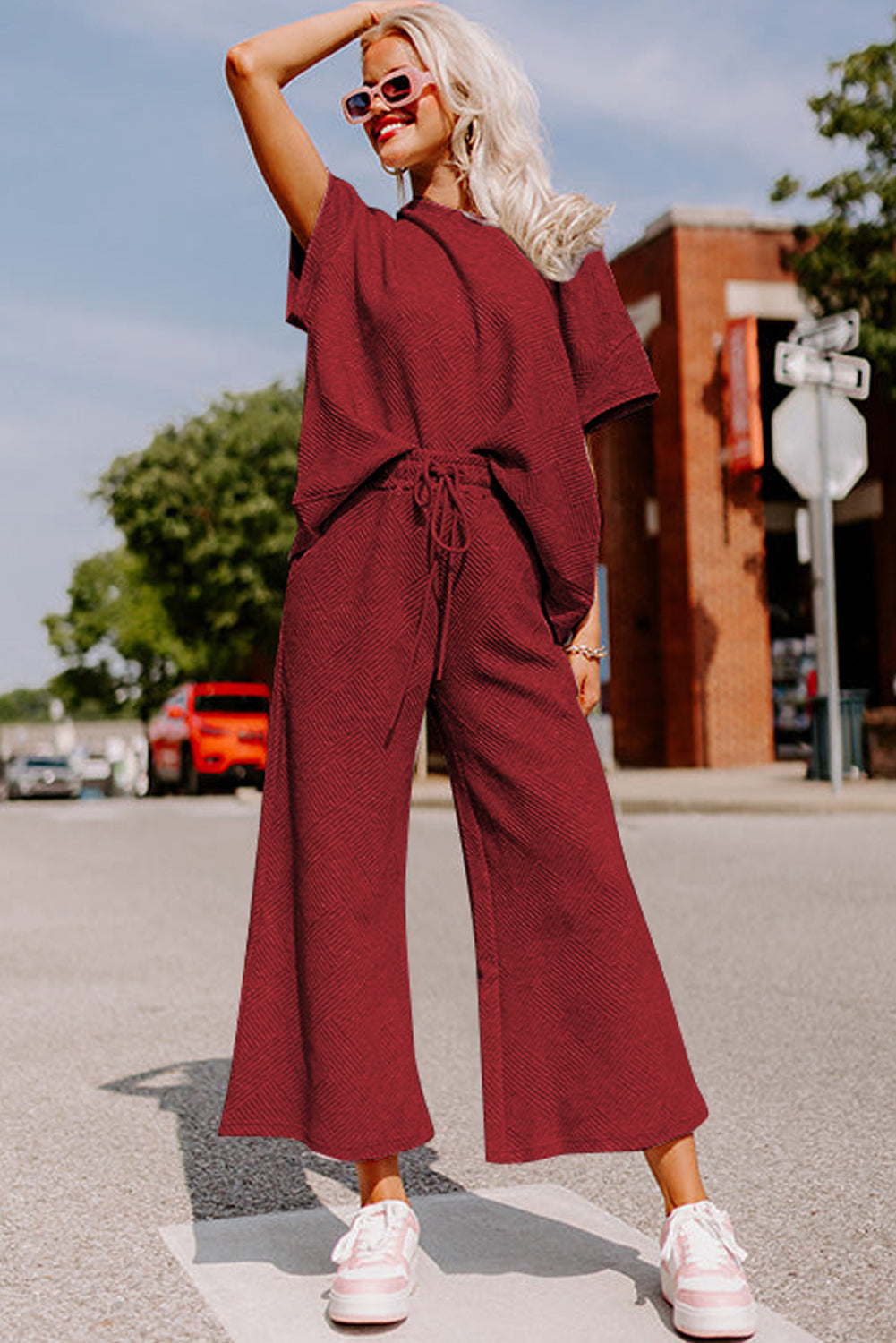 Red Dahlia Textured Loose Fit T Shirt and Drawstring Pants Set