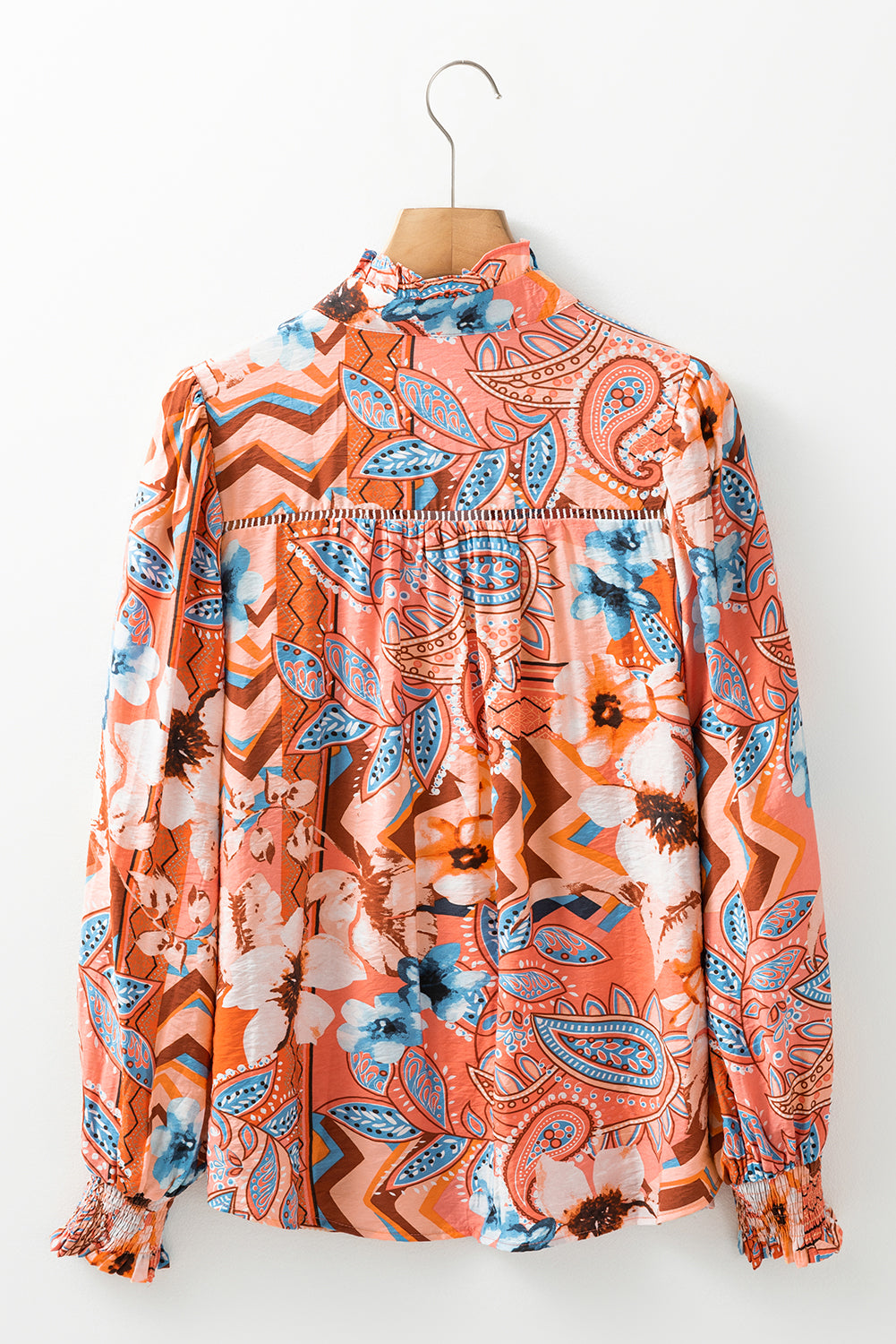 Orange Floral Print Shirred Cuff Buttoned Loose Shirt