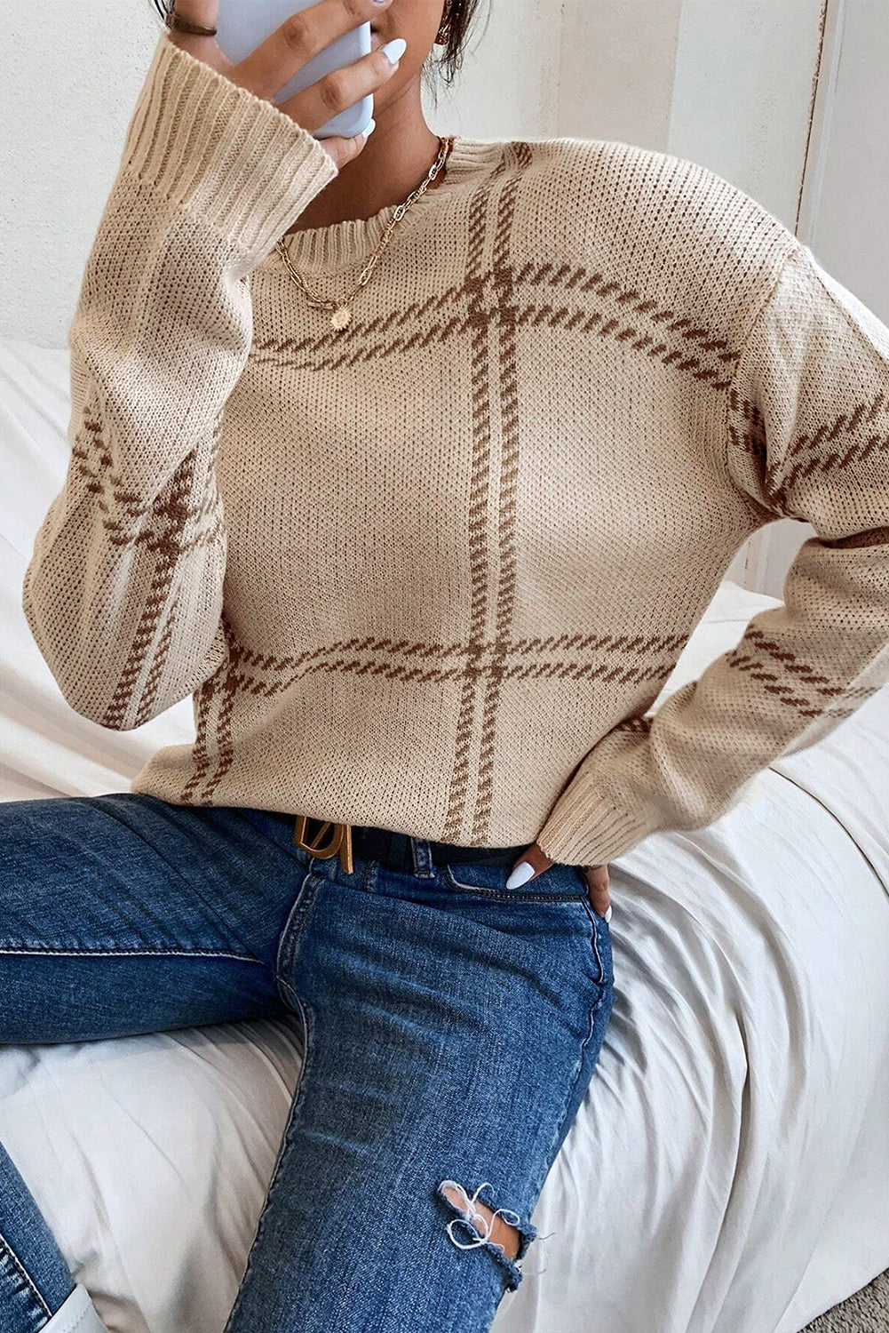 Khaki Plaid Pattern Knitted Drop Shoulder Sweater