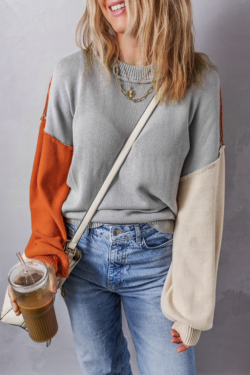 Coffee Colorblock Bishop Sleeve Ribbed Trim Sweater