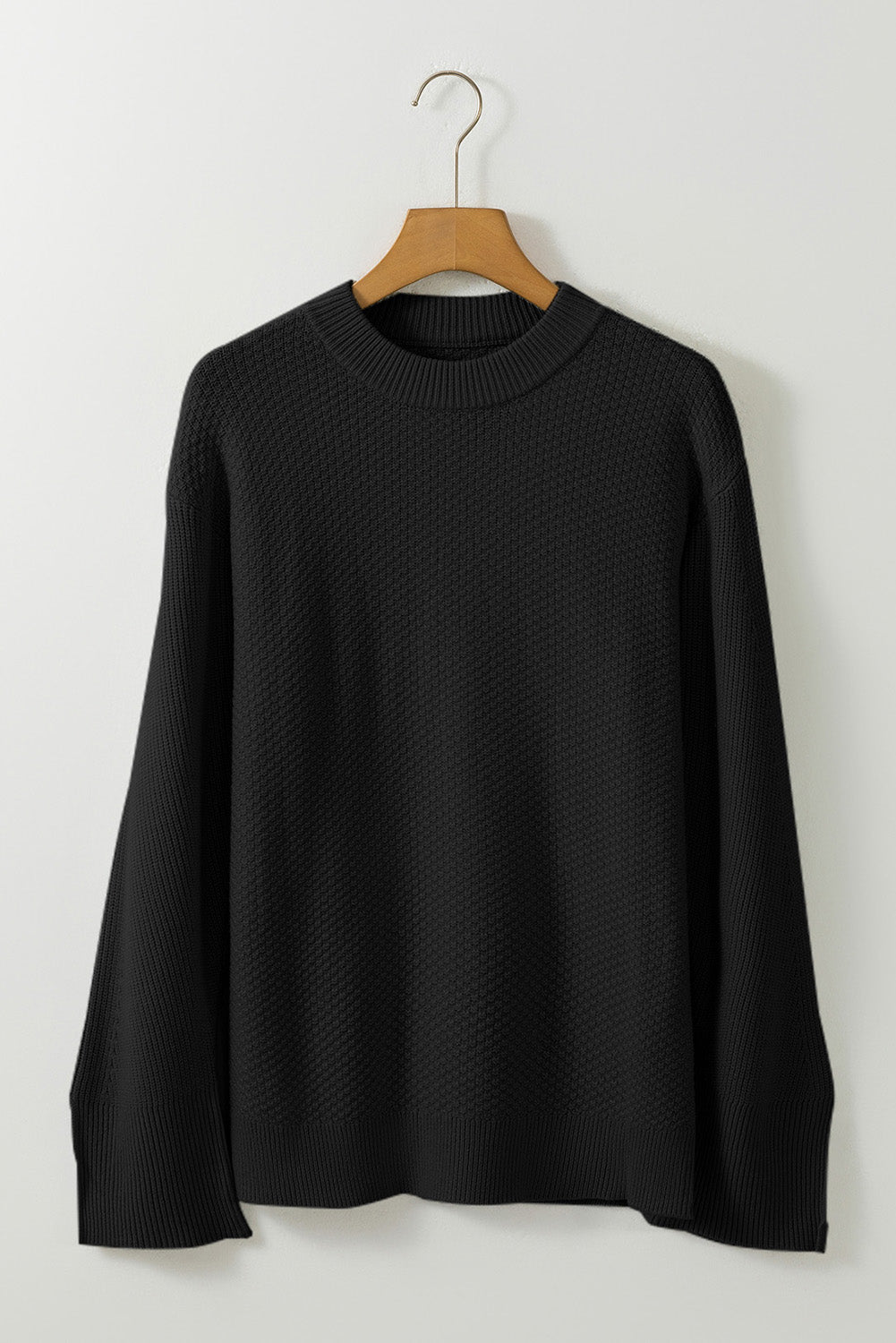 Black Solid Textured Knit Split Cuff Drop Shoulder Loose Sweater