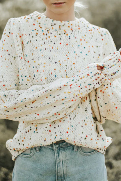 Beige Colorful Confetti Dots Cable Knit Crew Neck Sweater