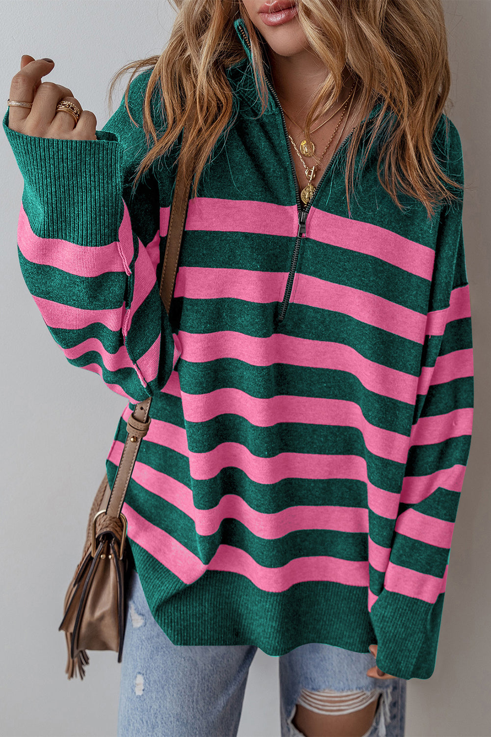 Green Collared Quarter Zipper Oversized Sweater