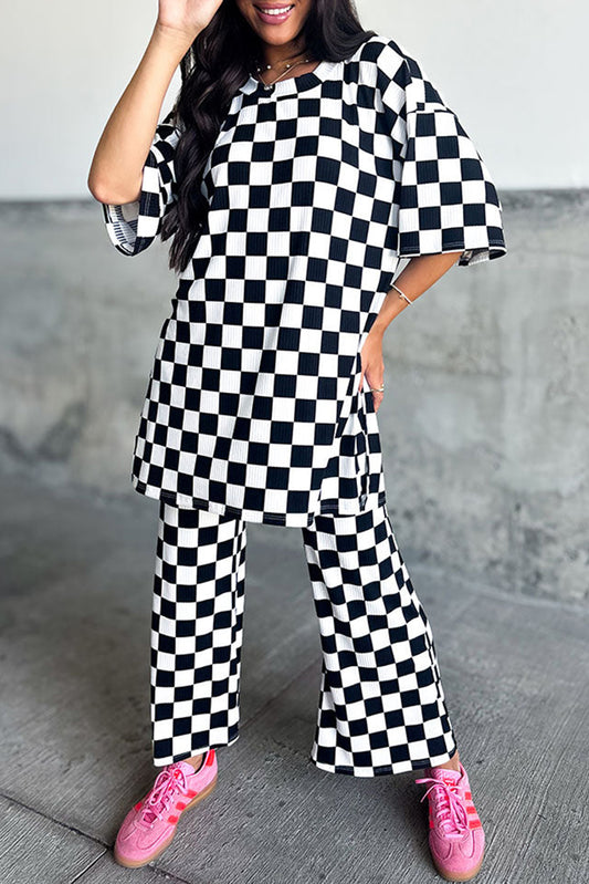 Black Checkered Print Half Sleeve Tunic Top and Flared Pants Set