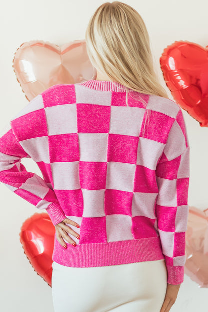 Pink Checkered Drop Shoulder Buttoned V Neck Cardigan