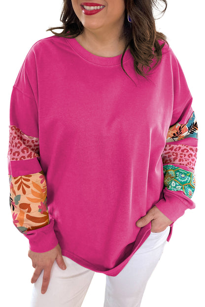 Rose Red Plus Size Printed Patchwork Sleeve Split Sweatshirt