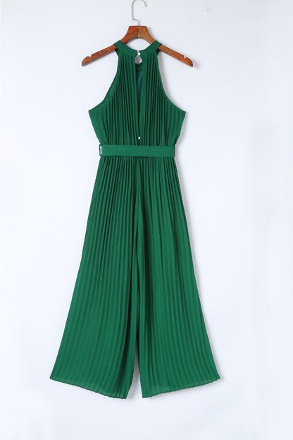 Green Halter Neck Pleated Wide Leg Jumpsuit with Belt