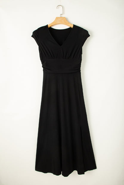 Black Short Sleeve Shirred High Waist V-Neck Maxi Dress