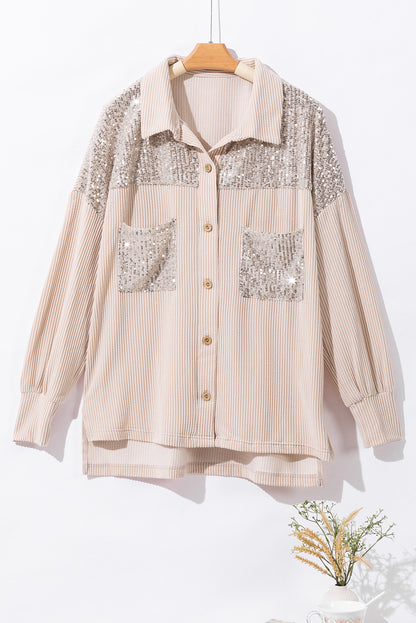 Parchment Sequin Patch Chest Pocket Corded Shacket