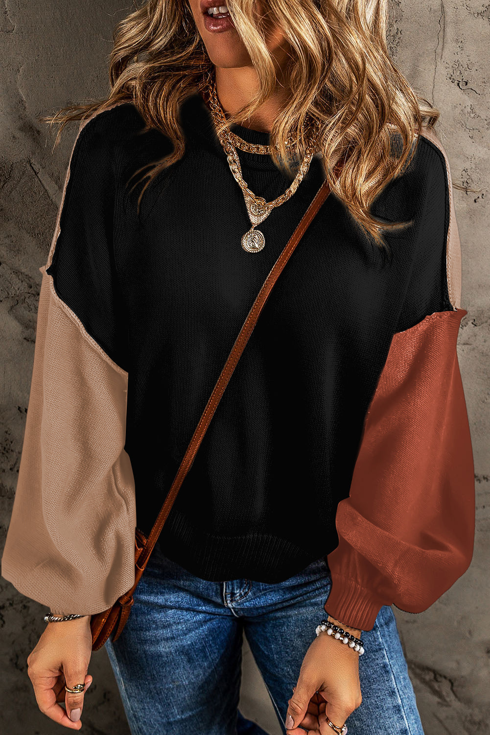 Coffee Colorblock Bishop Sleeve Ribbed Trim Sweater