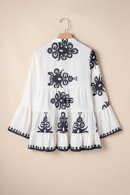 White Abstract Printed Bell Sleeve Buttoned Tiered Babydoll Blouse