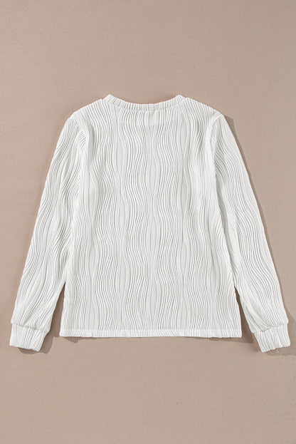 White Textured Wavy Round Neck Long Sleeve Top