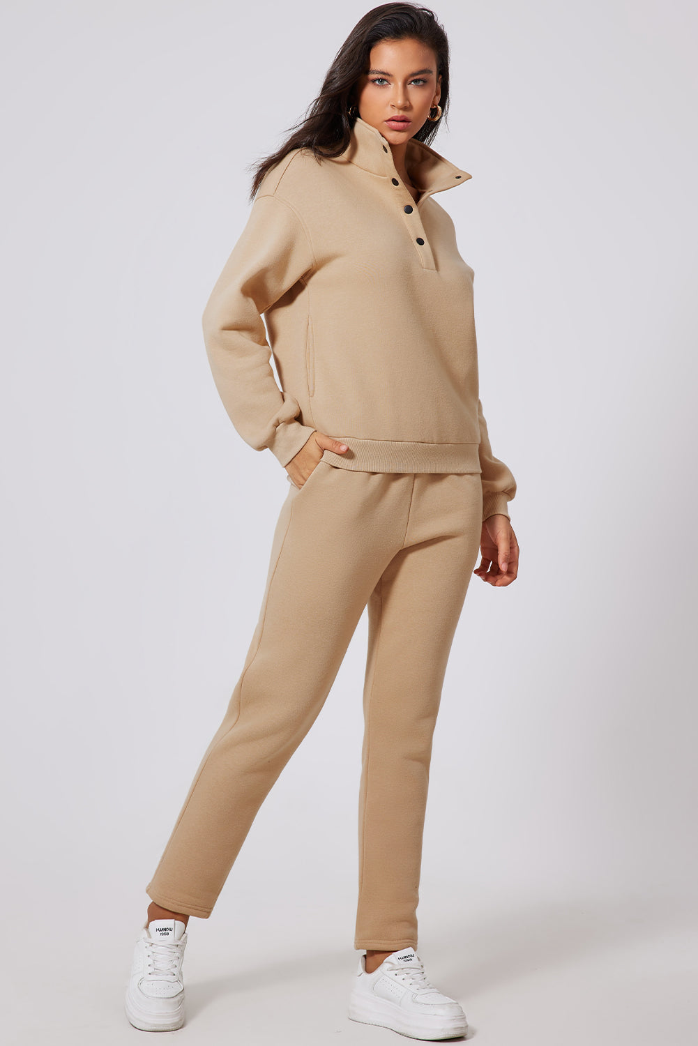 Parchment Solid Half Button Sweatshirt and High Waist Sweatpants Set