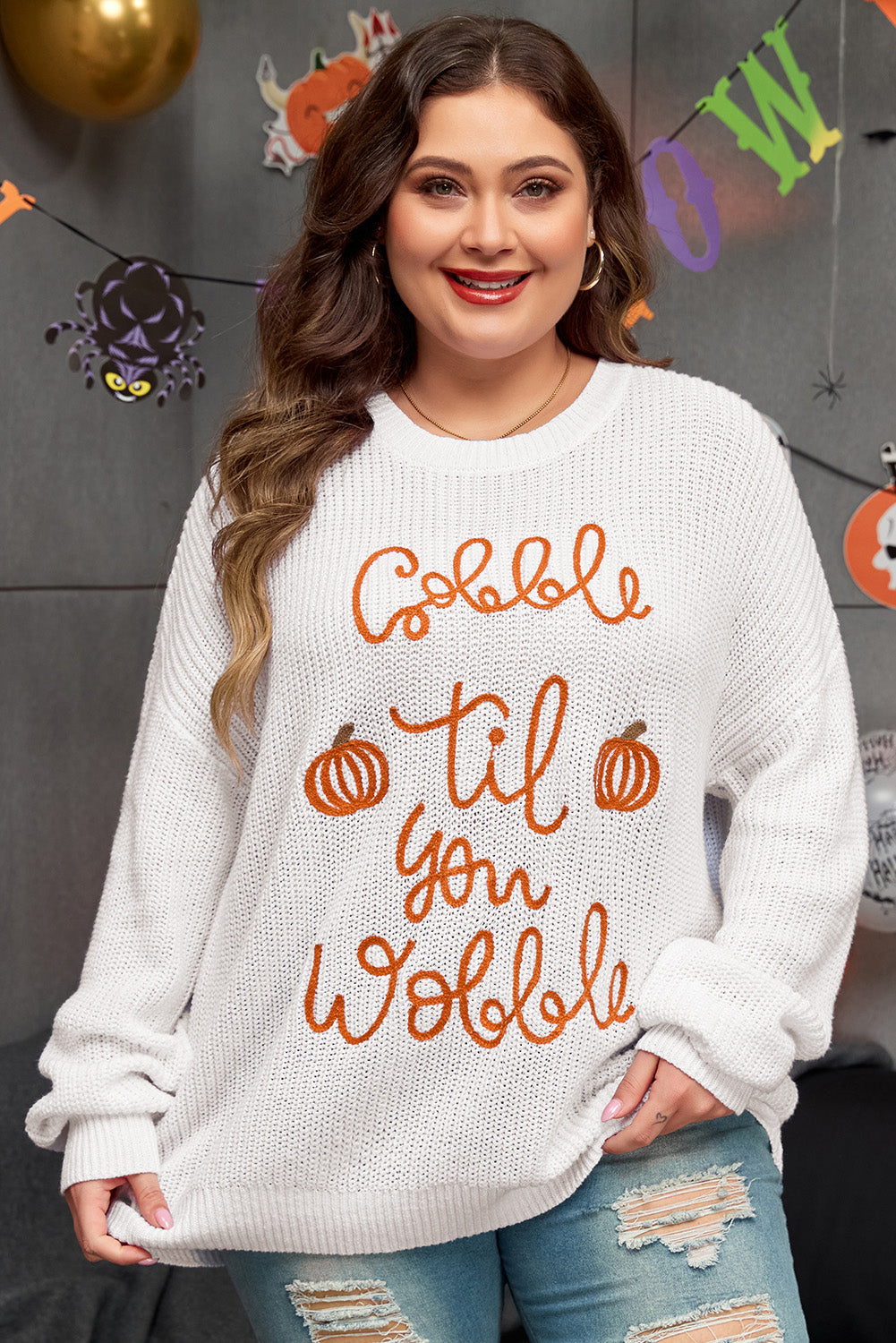 White Gobble Til You Wobble Pop Up Crochet Plus Size Sweater