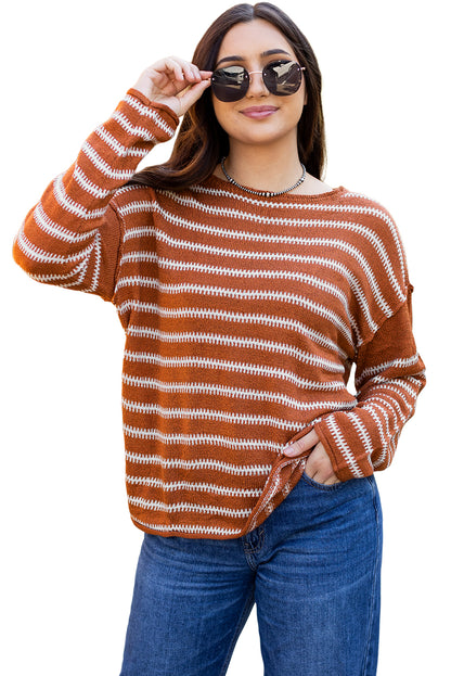 Brown Stripe Drop Shoulder Casual Sweater