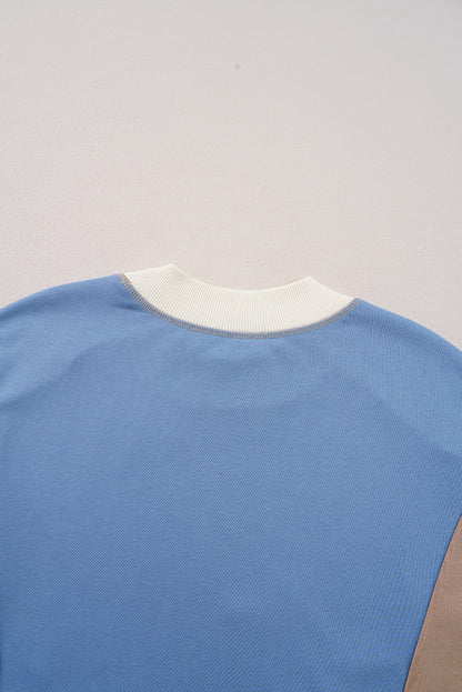 Sky Blue Ribbed Detail Color Block Sleeve Baggy Sweatshirt