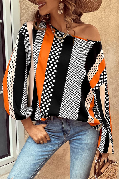 Orange Polka Dot Vertical Striped Printed Puff Sleeve Blouse